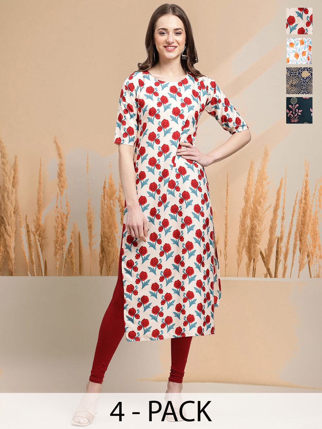 

7Threads Selection of 4 Floral Printed Round Neck Straight Kurtas, White