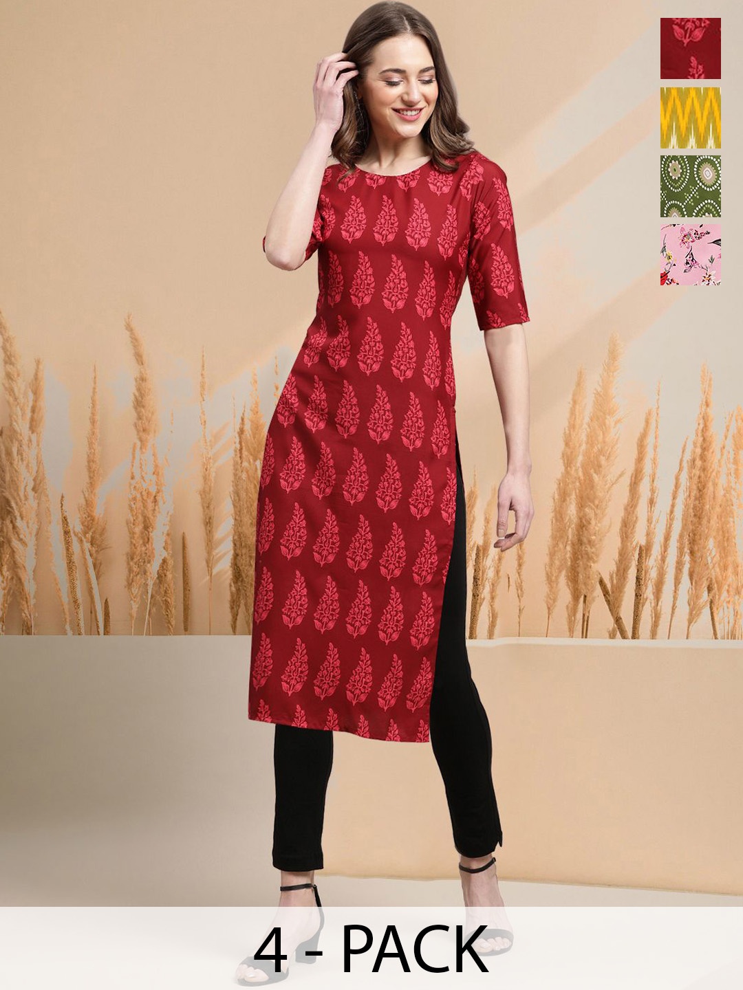 

7Threads Selection Of 4 Floral Printed Round Neck Straight Kurtas, Red