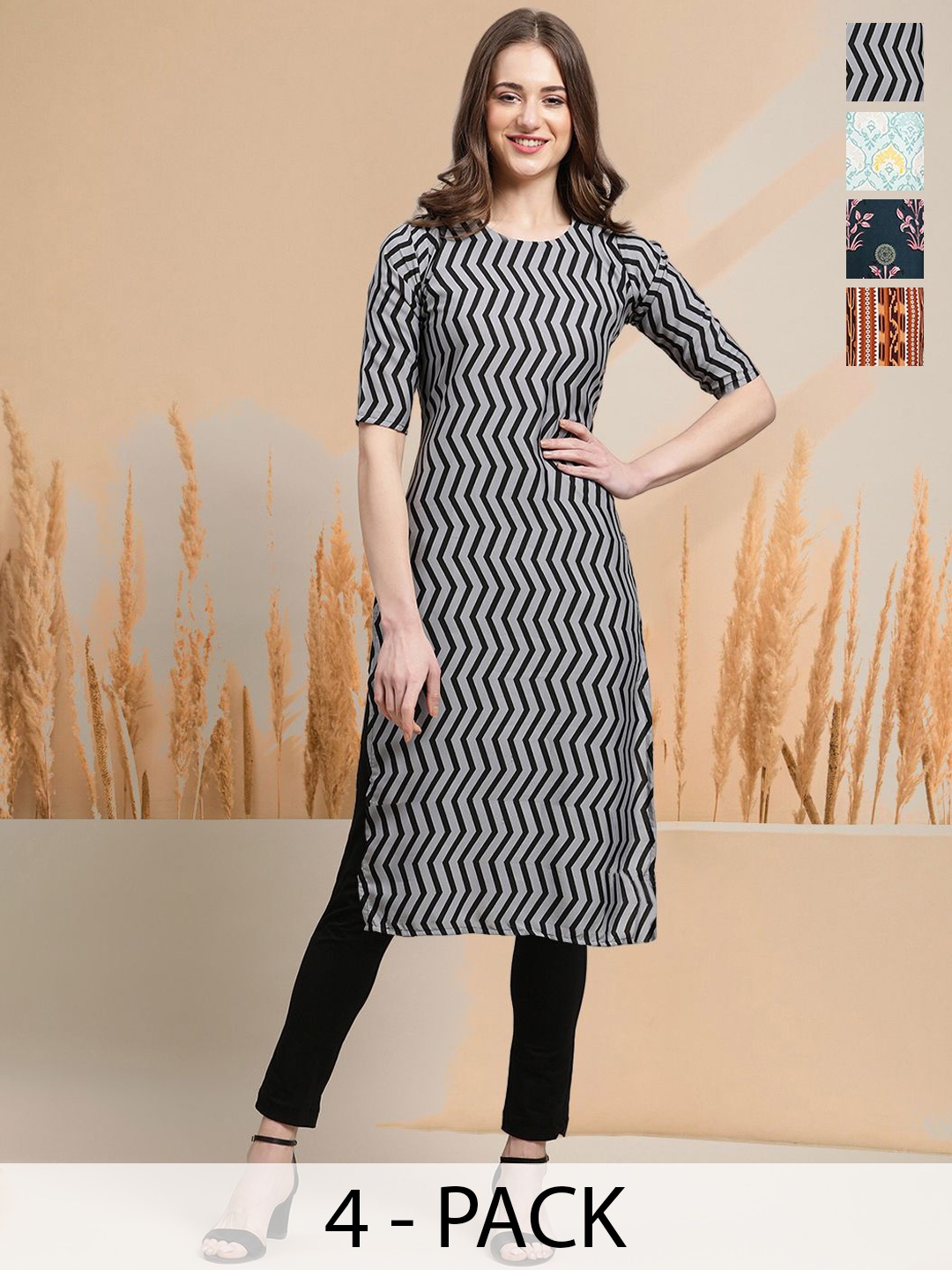

7Threads Selection Of 4 Chevron Printed Round Neck Straight Kurtas, Grey