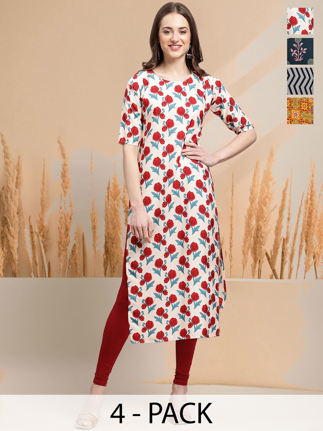 

7Threads Selection Of 4 Floral Printed Round Neck Straight Kurtas, Cream