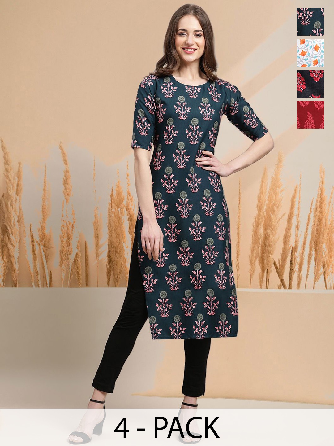 

7Threads Selection Of 4 Floral Printed Round Neck Straight Kurtas, Teal