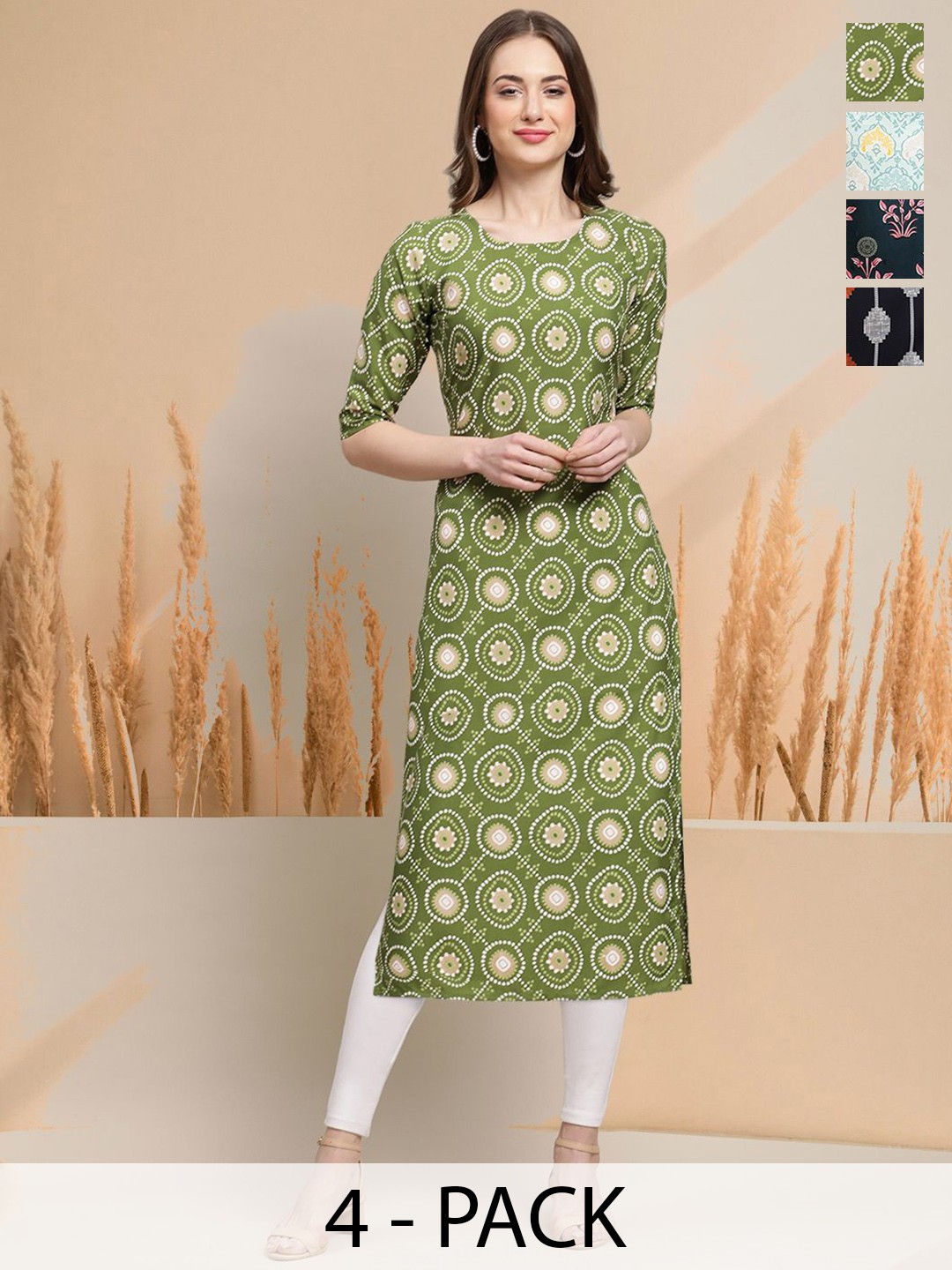 

7Threads Selection Of 4 Ethnic Motifs Printed Round Neck Straight Kurtas, Green