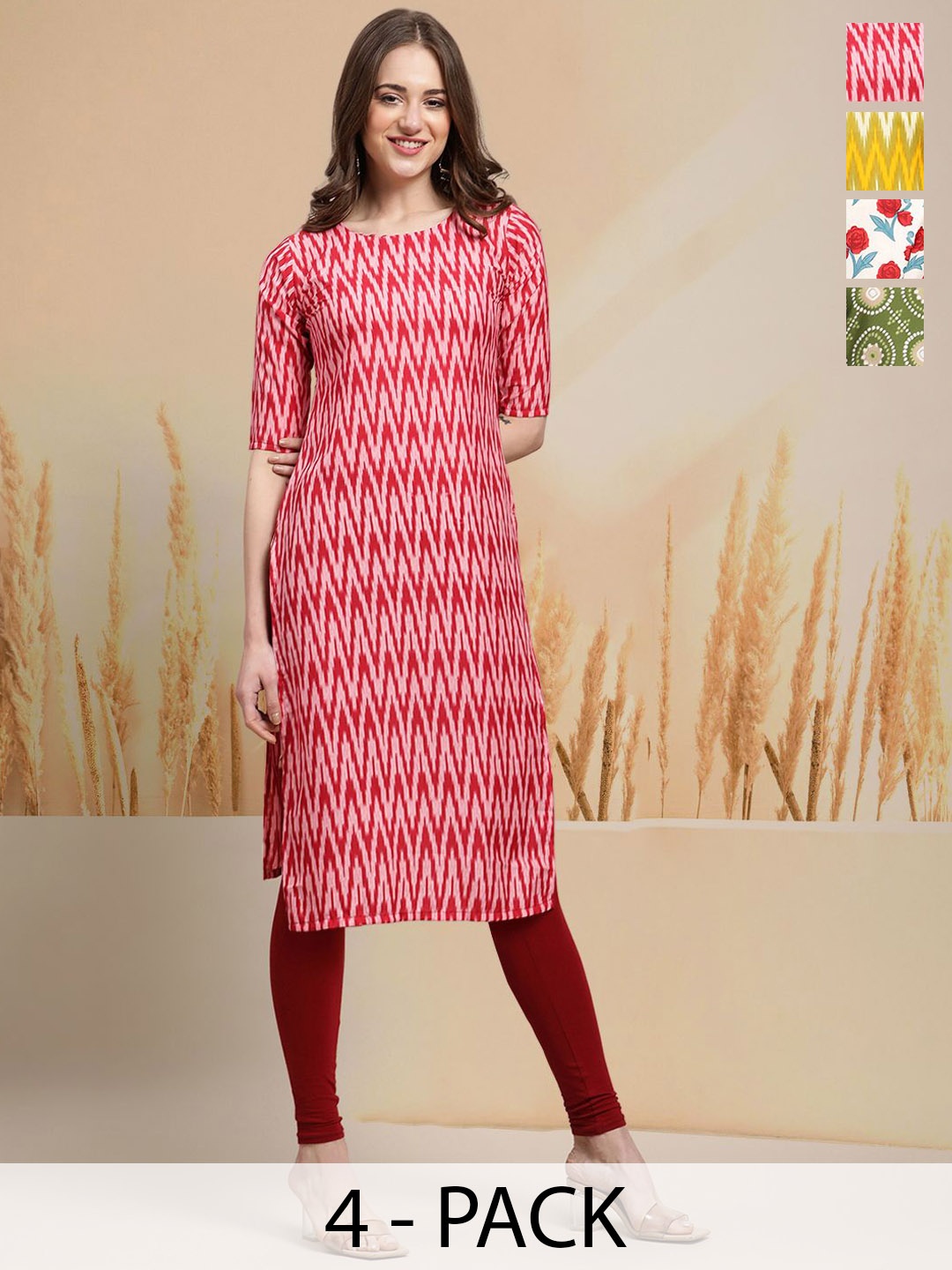 

7Threads Selection of 4 Ethnic Motifs Printed Round Neck Straight Kurtas, Red