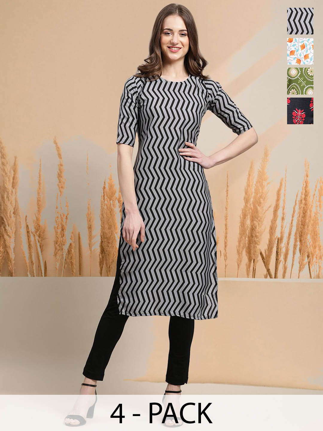 

7Threads Selection Of 4 Chevron Printed Round Neck Straight Kurtas, Grey