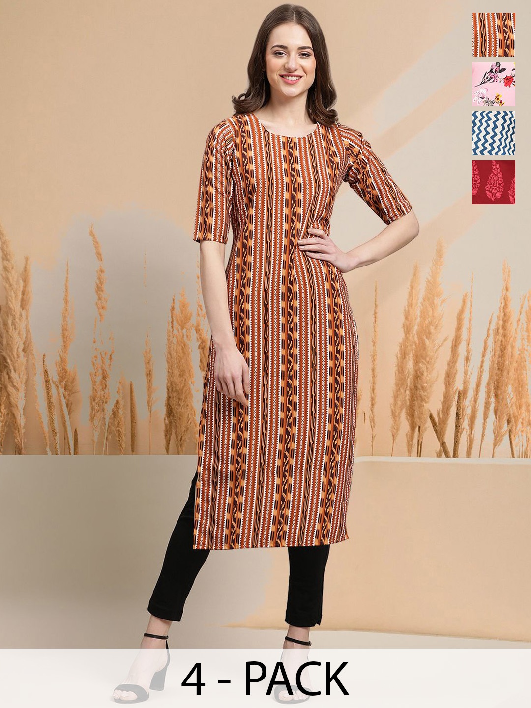 

7Threads Selection Of 4 Ethnic Motifs Printed Round Neck Straight Kurtas, Brown