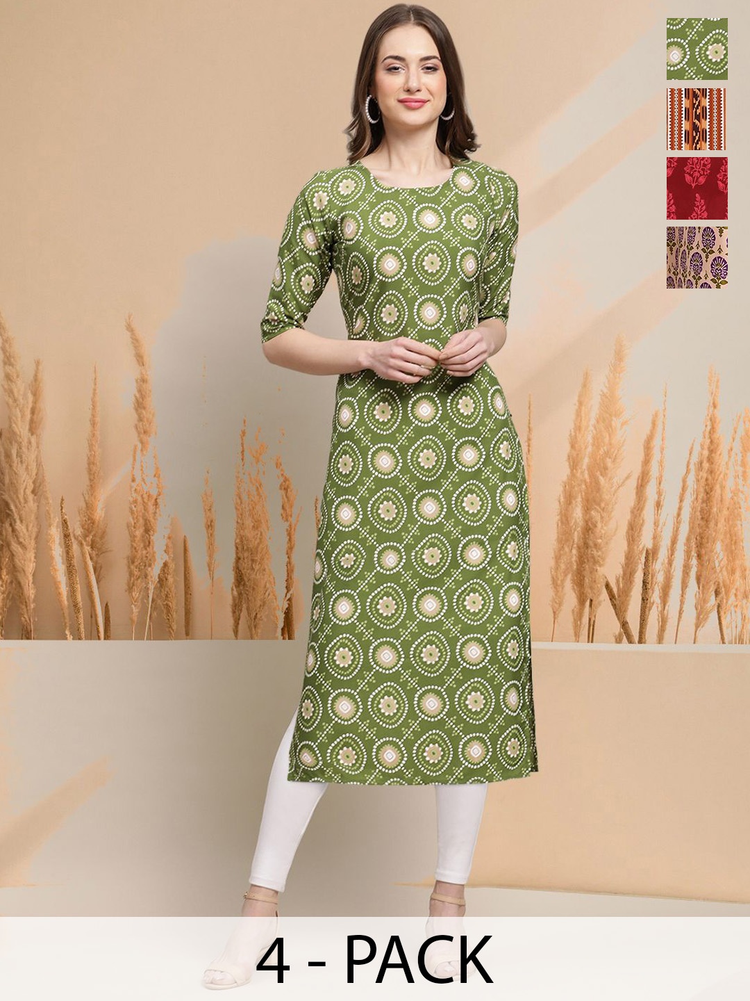 

7Threads Selection Of 4 Geometric Printed Round Neck Straight Kurtas, Green