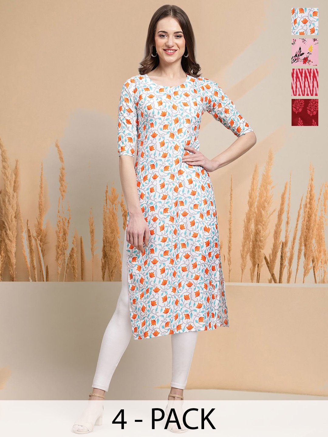 

7Threads Selection Of 4 Floral Printed Round Neck Straight Kurtas, White