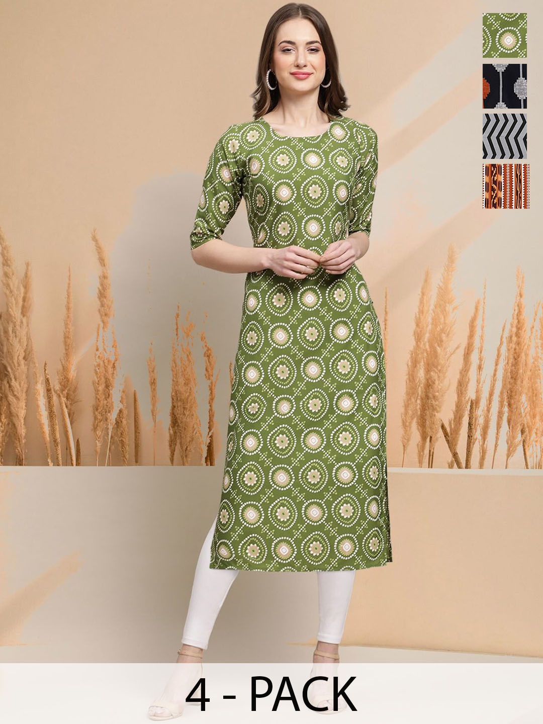 

7Threads Selection Of 4 Ethnic Motifs Printed Round Neck Straight Kurtas, Green