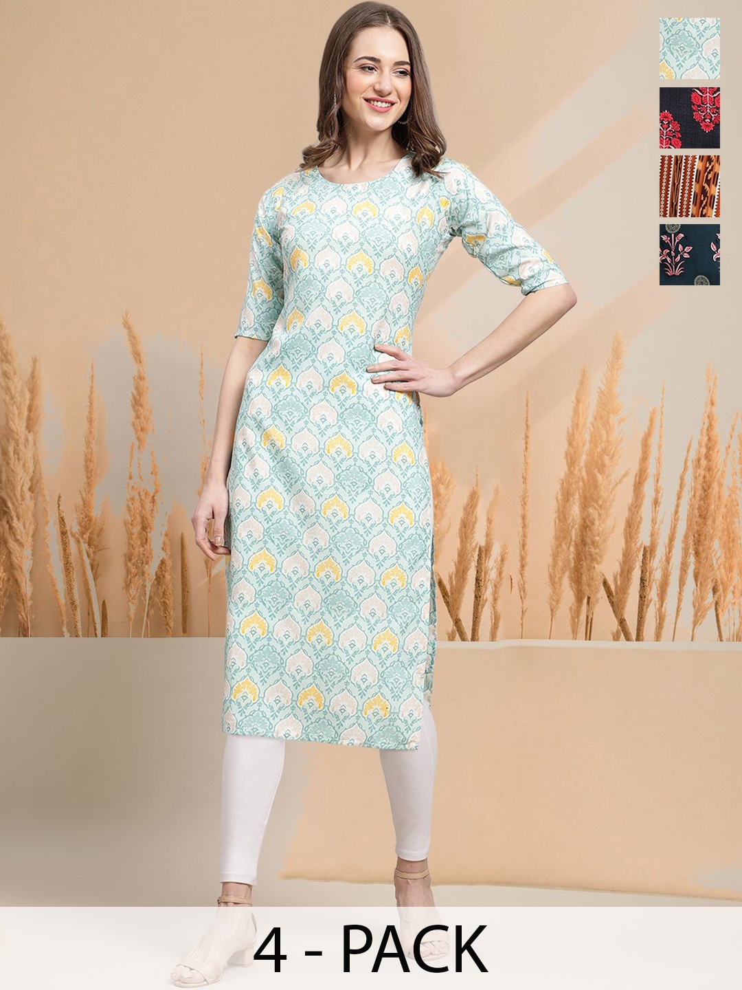 

7Threads Selection Of 4 Ethnic Motifs Printed Round Neck Straight Kurtas, Blue
