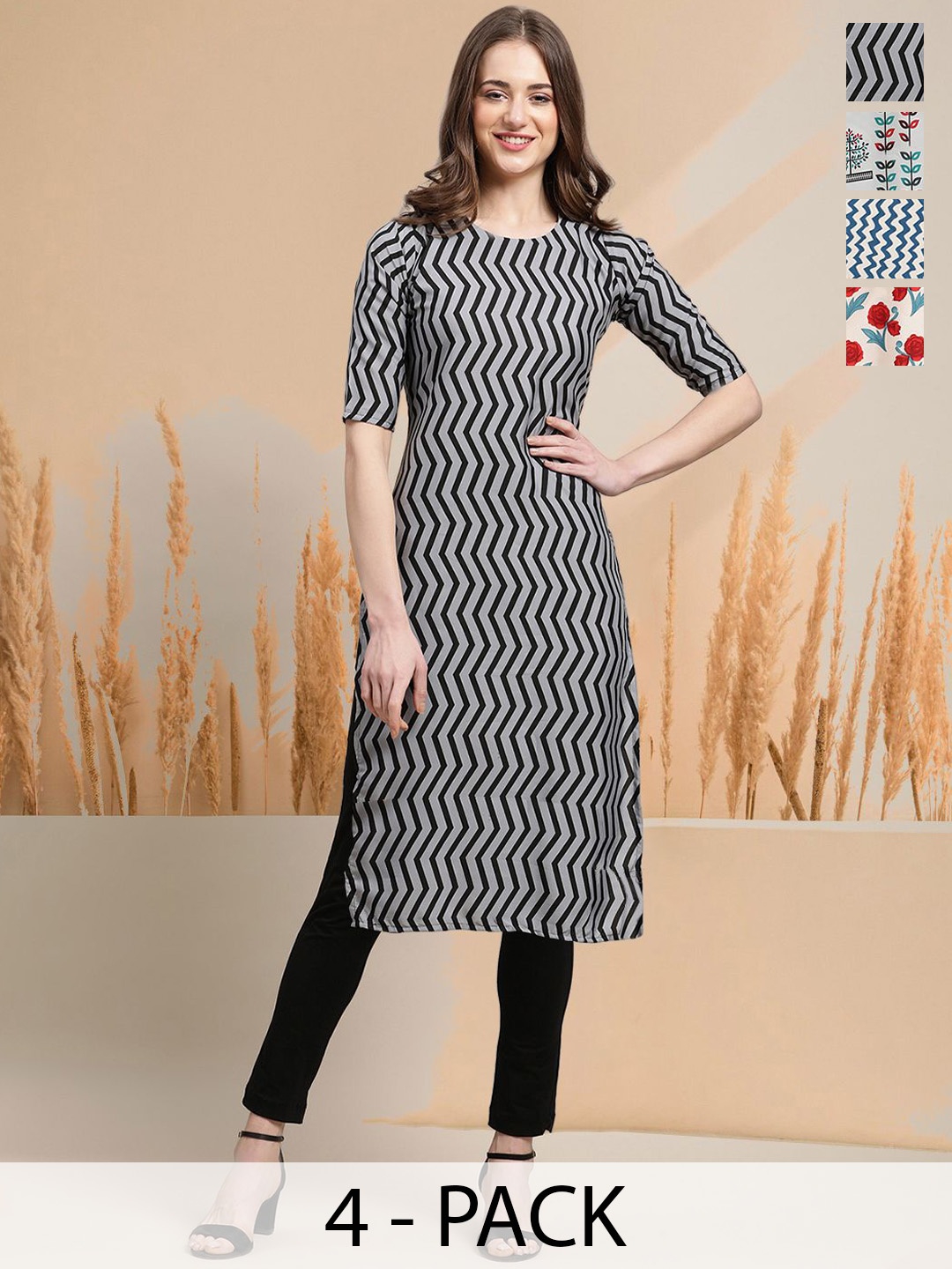 

7Threads Selection Of 4 Chevron Printed Round Neck Straight Kurtas, Black
