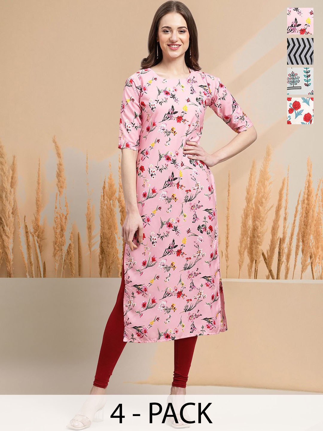 

7Threads Selection Of 4 Floral Printed Round Neck Straight Kurtas, Pink