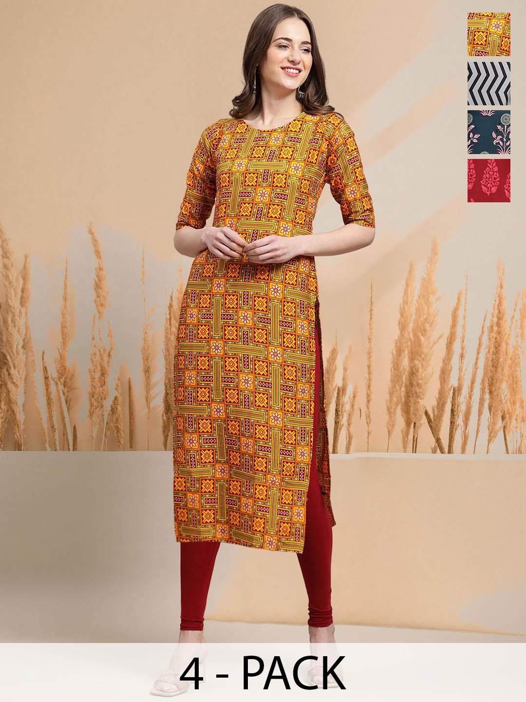

7Threads Selection Of 4 Geometric Printed Round Neck Straight Kurtas, Yellow