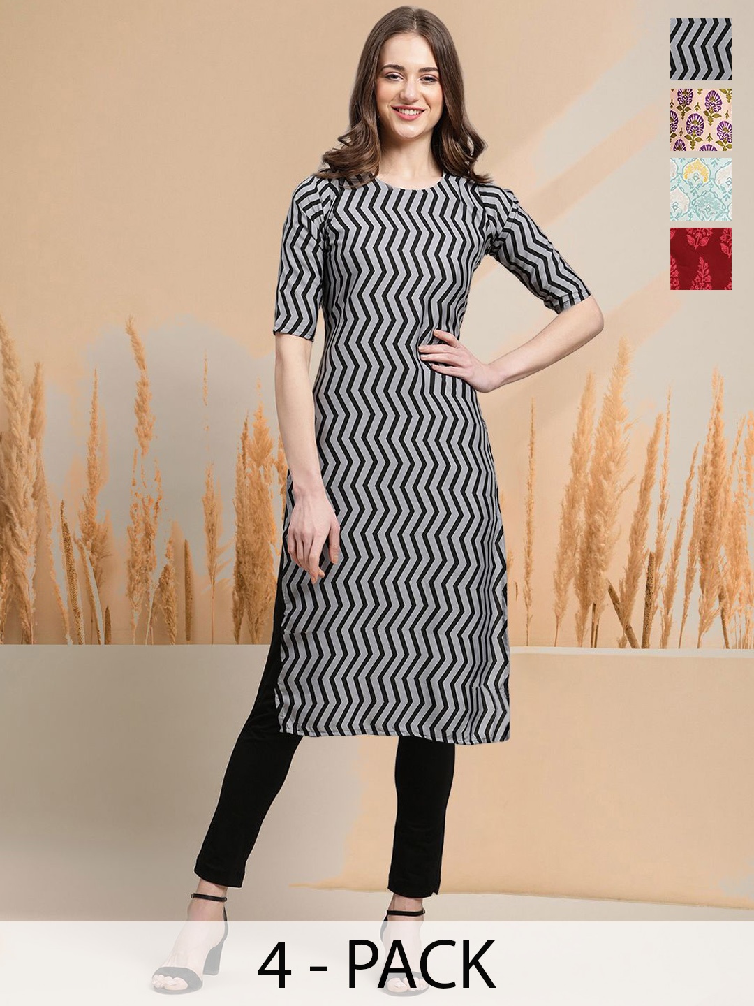 

7Threads Selection Of 4 Geometric Printed Straight Kurtas, Black