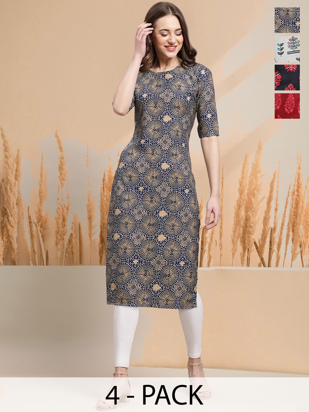 

7Threads Selection Of 4 Geometric Printed Straight Kurtas, Black