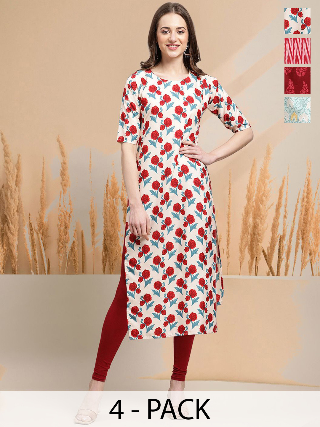 

7Threads Selection Of 4 Floral Printed Round Neck Straight Kurtas, Cream