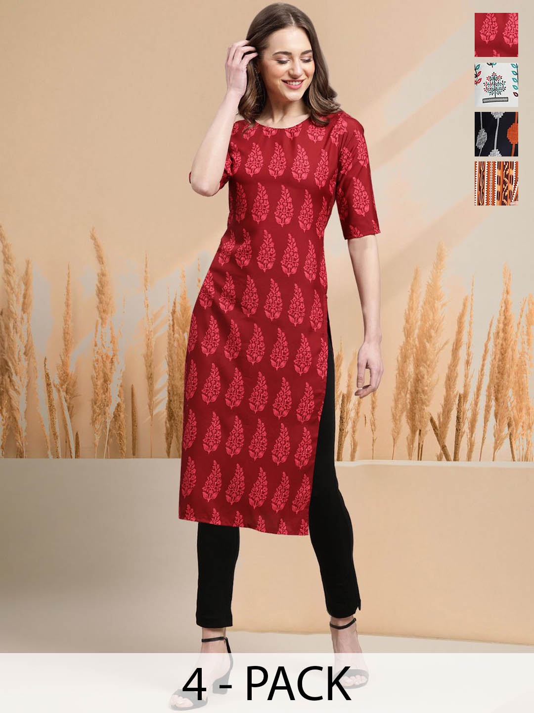 

7Threads Selection of 4 Floral Printed Round Neck Straight Kurtas, Red