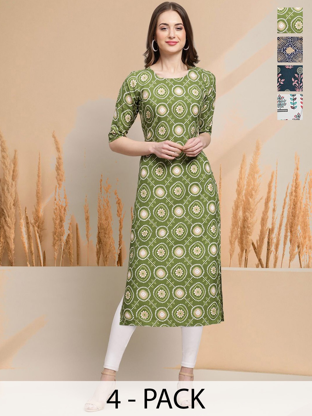 

7Threads Selection Of 4 Geometric Printed Round Neck Kurtas, Green