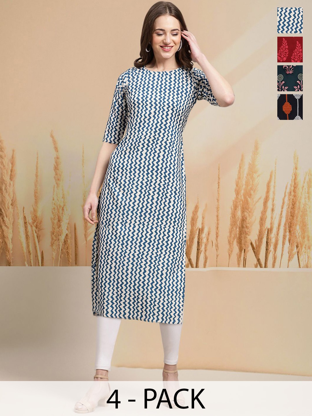 

7Threads Selection Of 4 Chevron Printed Round Neck Straight Kurtas, Blue