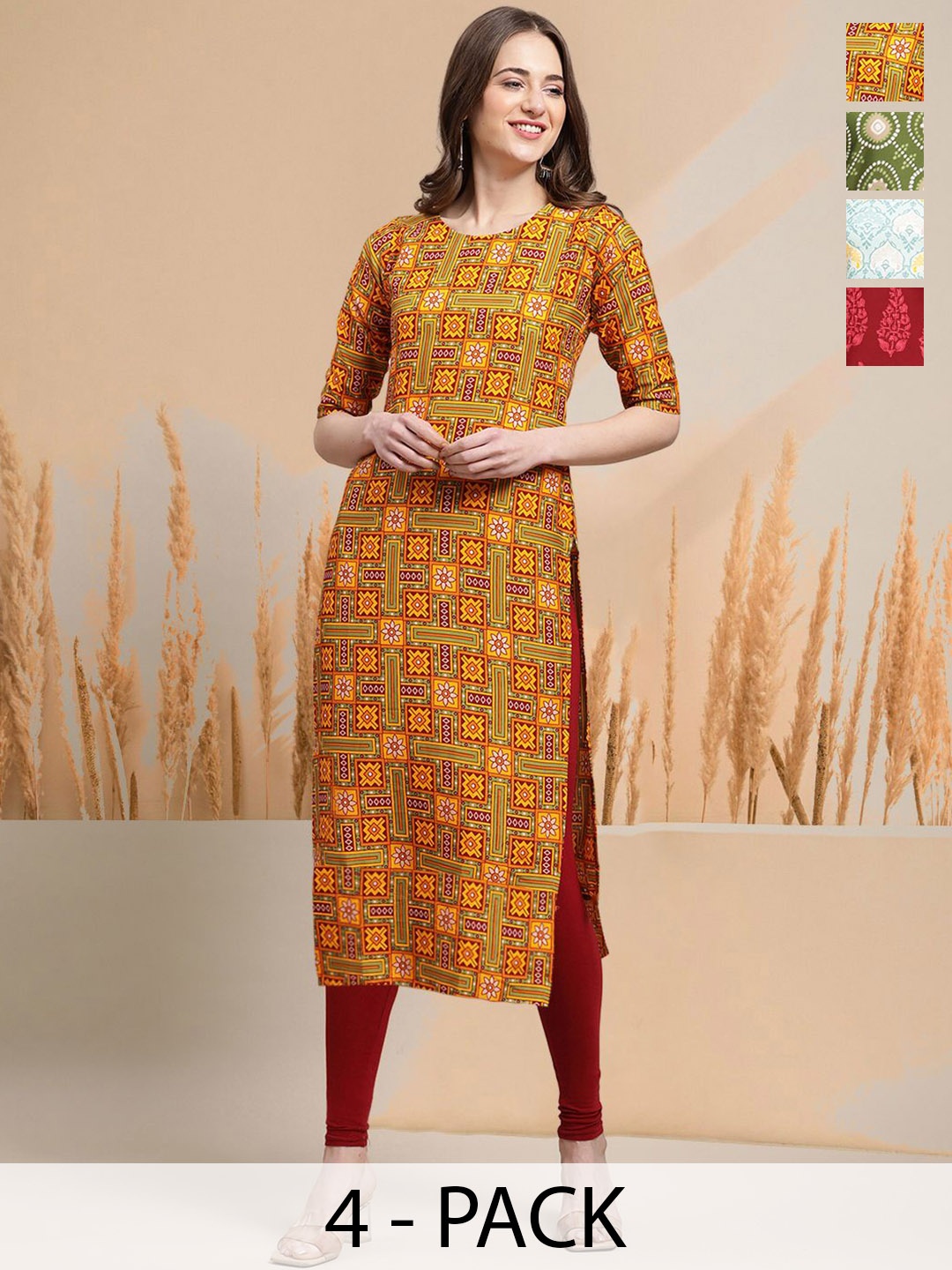 

7Threads Selection of 4 Geometric Printed Round Neck Straight Kurtas`, Red