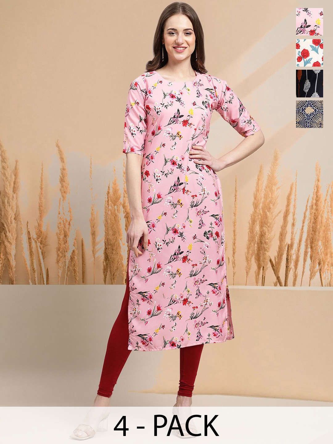 

7Threads Selection Of 4 Floral Printed Round Neck Straight Kurtas, Pink