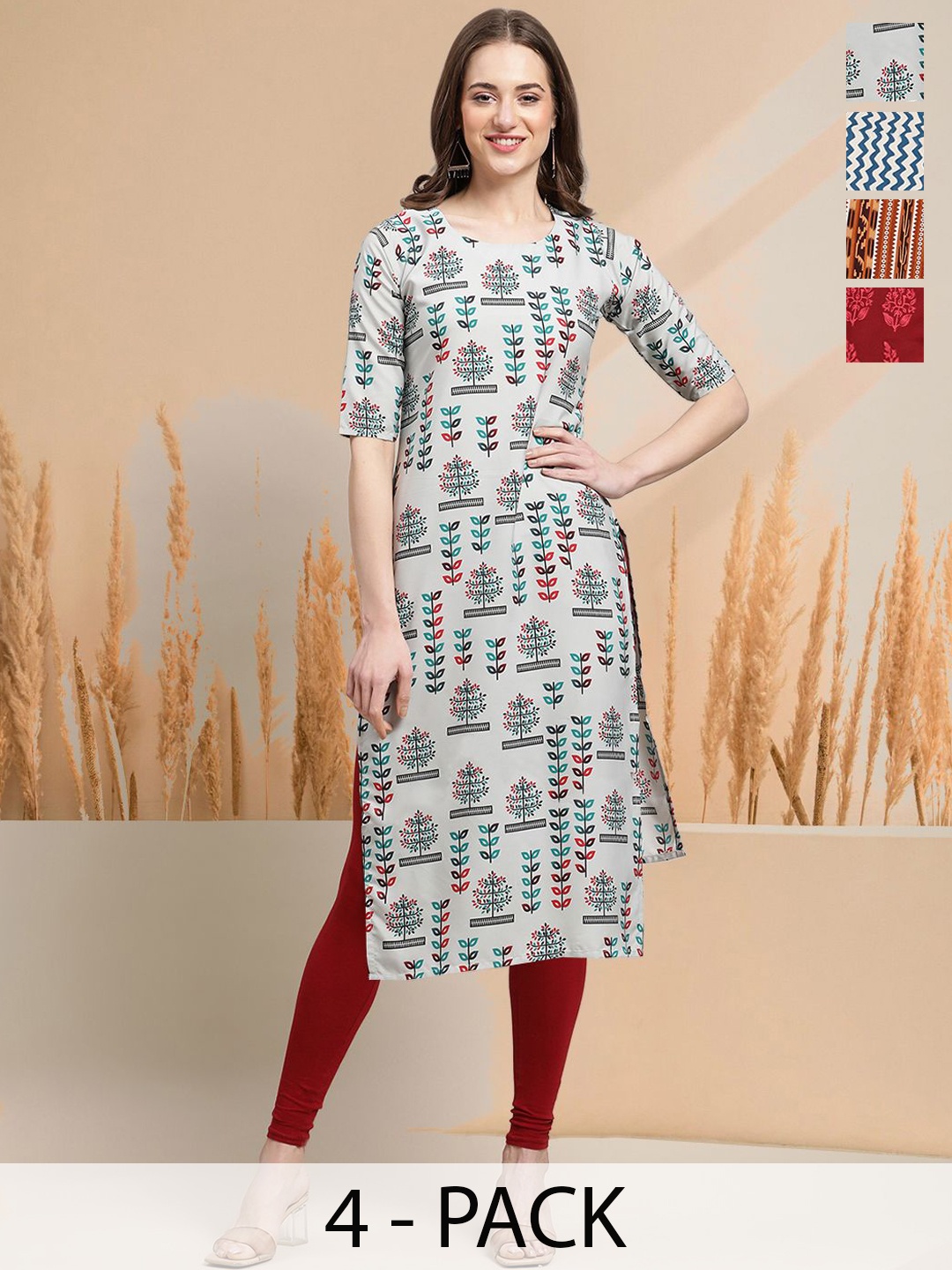 

7Threads Selection Of 4 Floral Printed Round Neck Straight Kurtas, Black