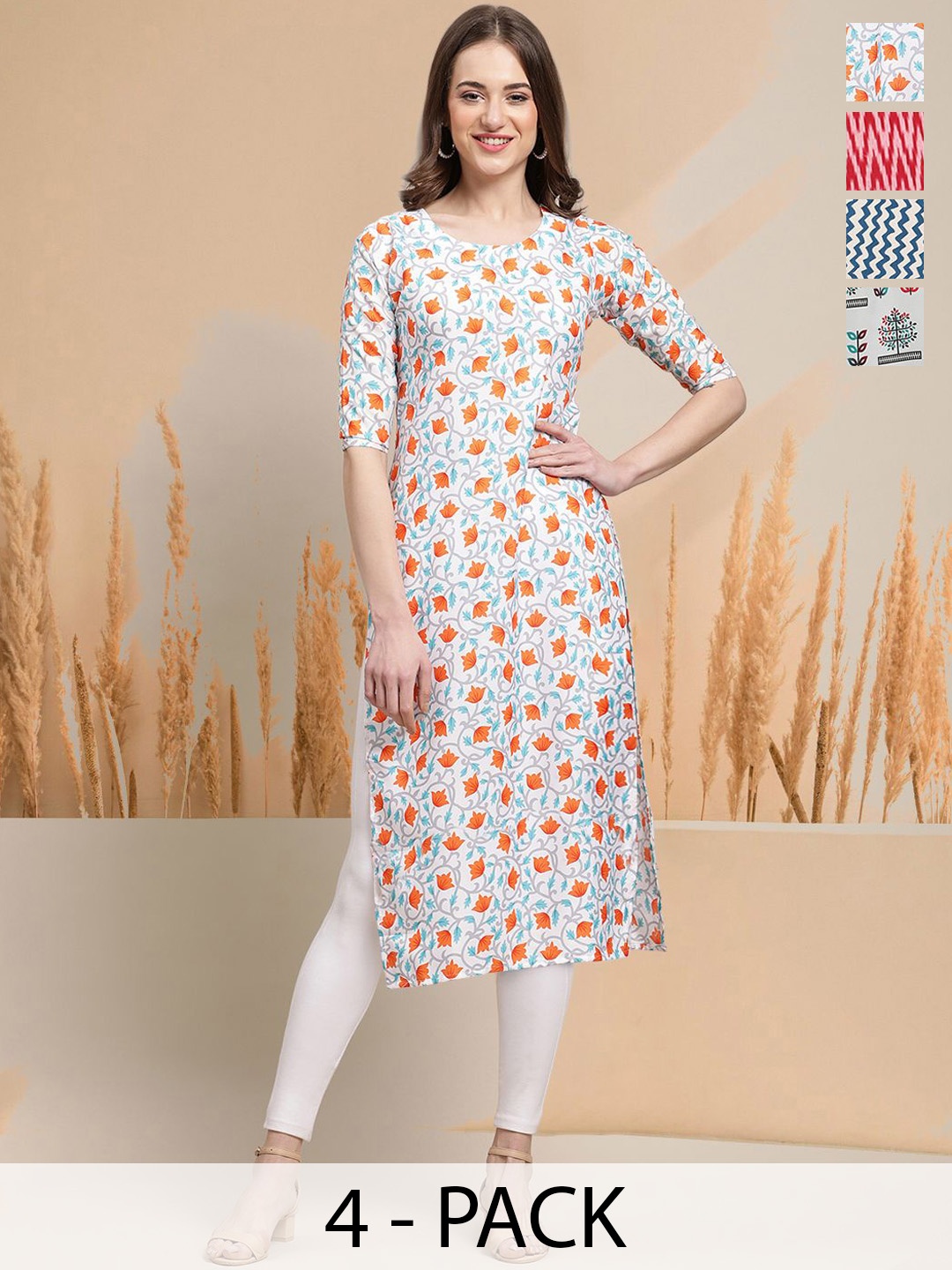 

7Threads Selection of 4 Floral Printed Round Neck Straight Kurtas, White