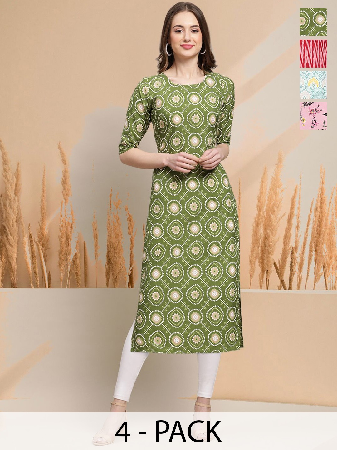 

7Threads Selection of 4 Geometric Printed Round Neck Straight Kurtas, Green