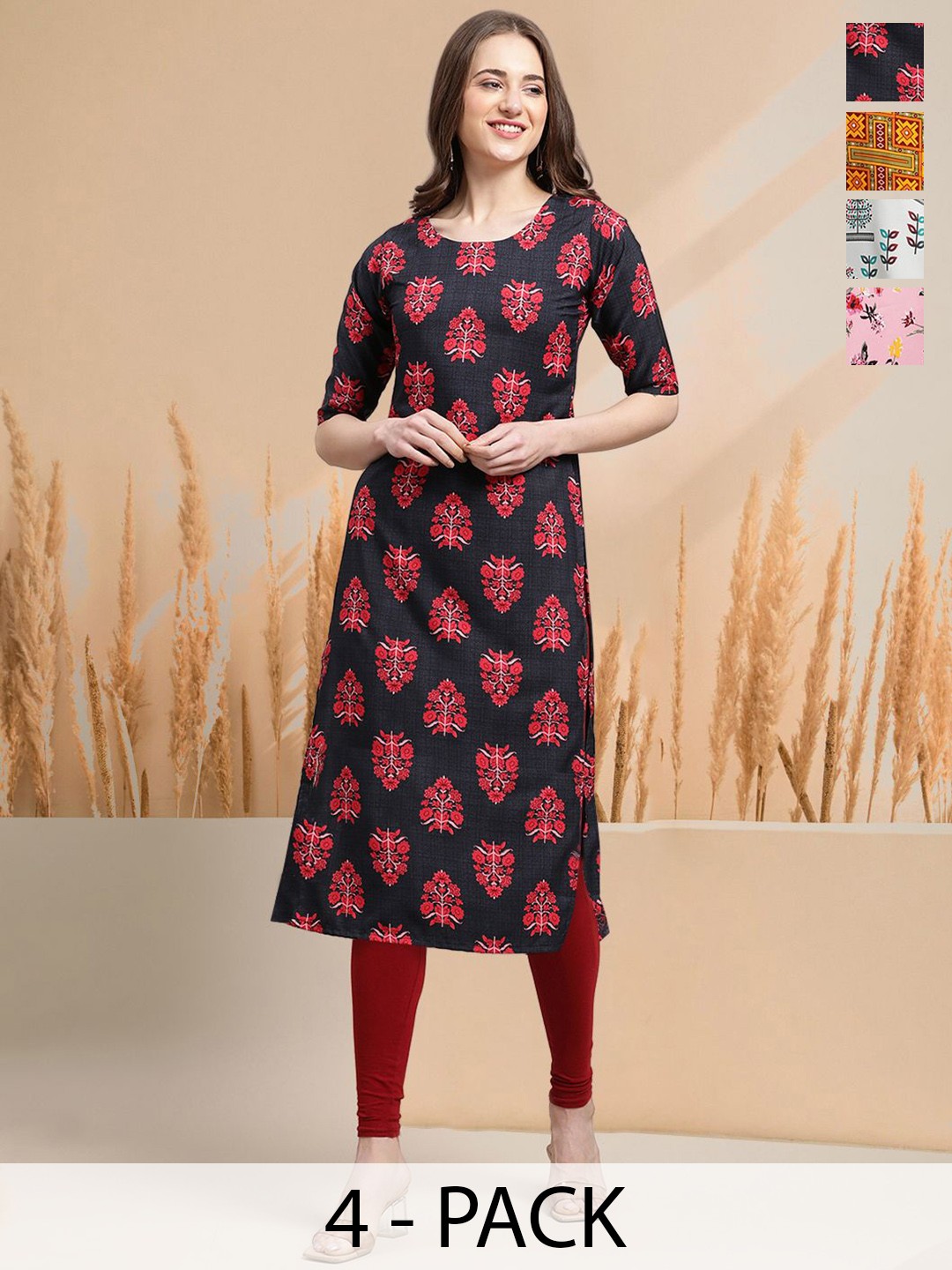 

7Threads Selection Of 4 Floral Printed Round Neck Straight Kurtas, Navy blue