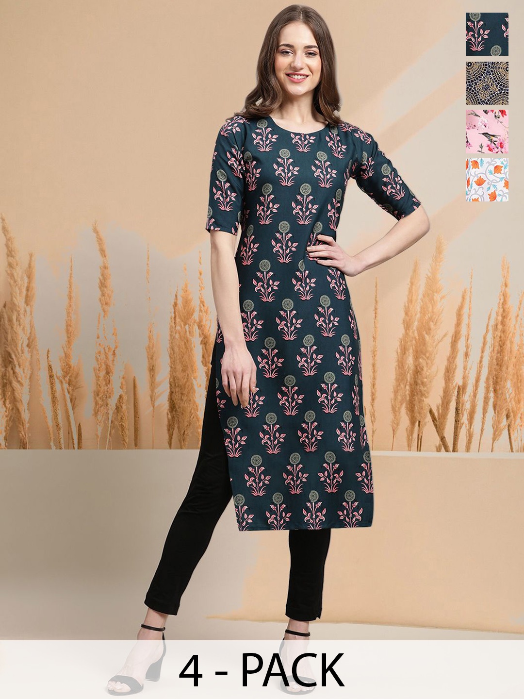 

7Threads Selection Of 4 Floral Printed Round Neck Straight Kurtas, Blue