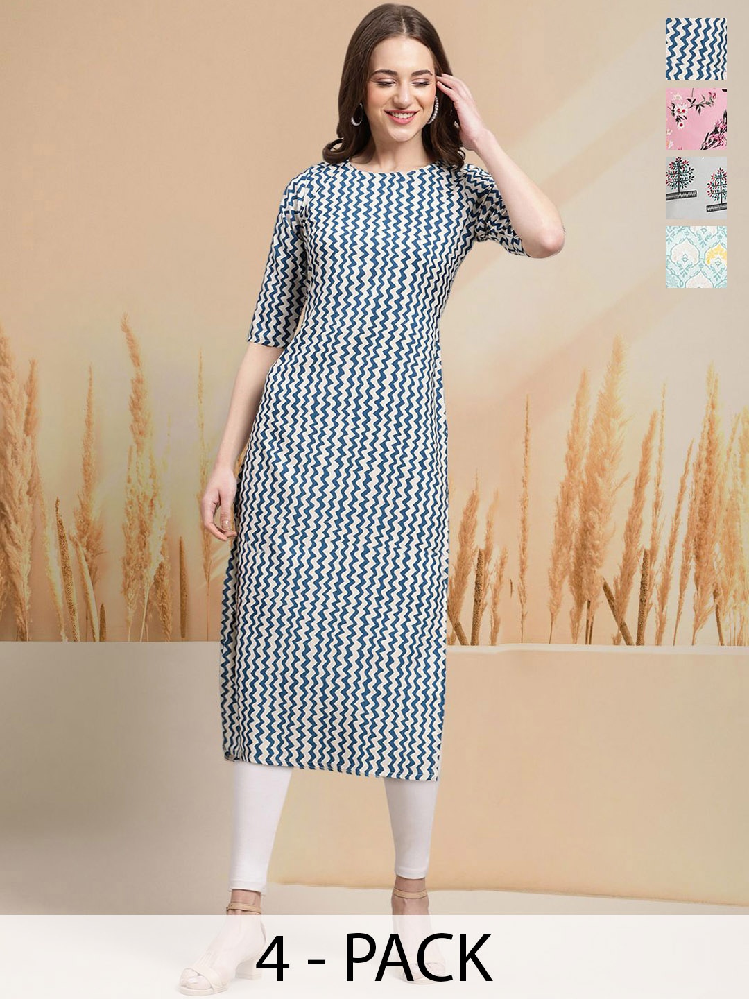 

7Threads Selection Of 4 Chevron Printed Round Neck Straight Kurtas, Beige