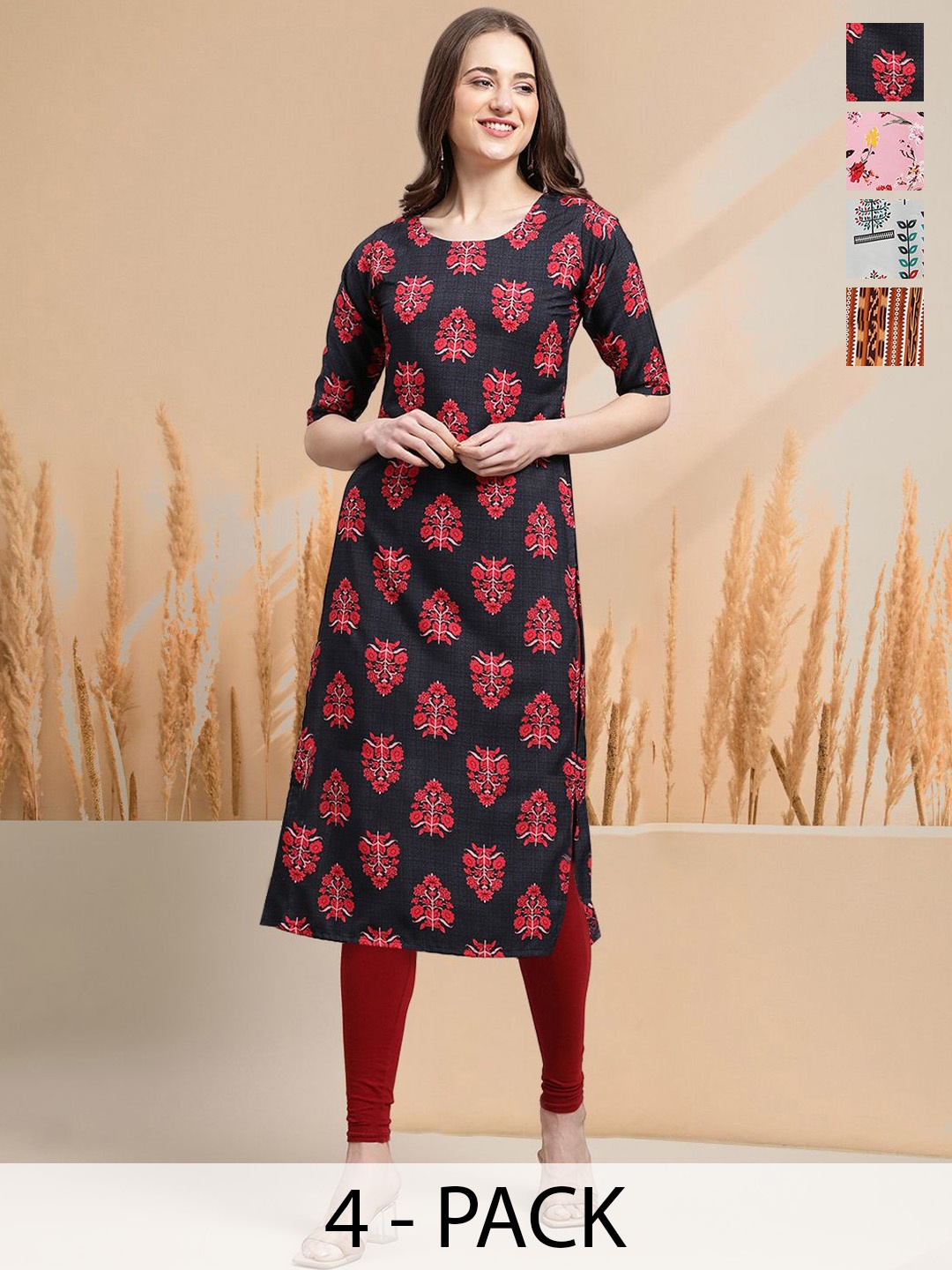 

7Threads Selection Of 4 Floral Printed Round Neck Straight Kurtas, Navy blue