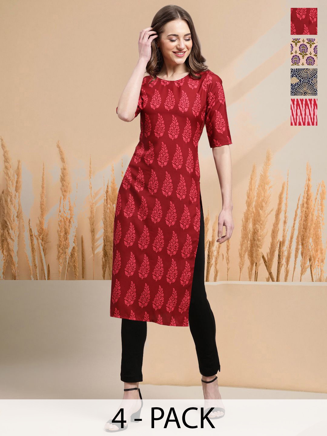 

7Threads Selection Of 4 Ethnic Motifs Printed Round Neck Straight Kurtas, Red