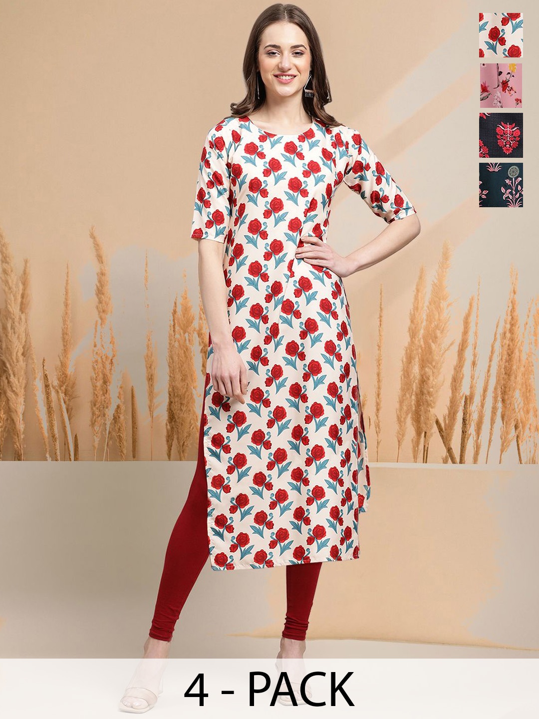 

7Threads Selection Of 4 Floral Printed Round Neck Straight Kurtas, Red