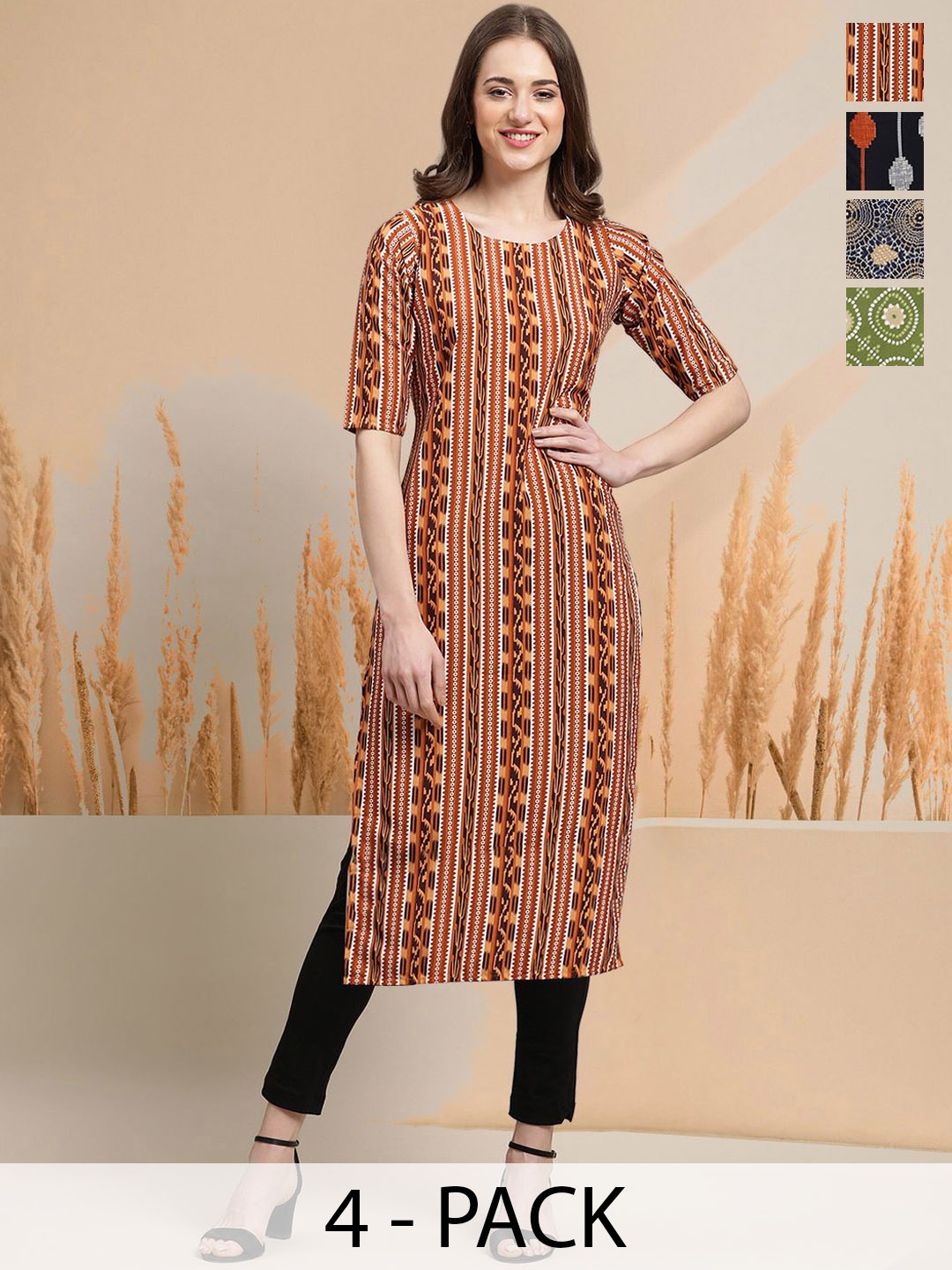 

7Threads Selection Of 4 Ethnic Motifs Printed Round Neck Straight Kurtas, Brown