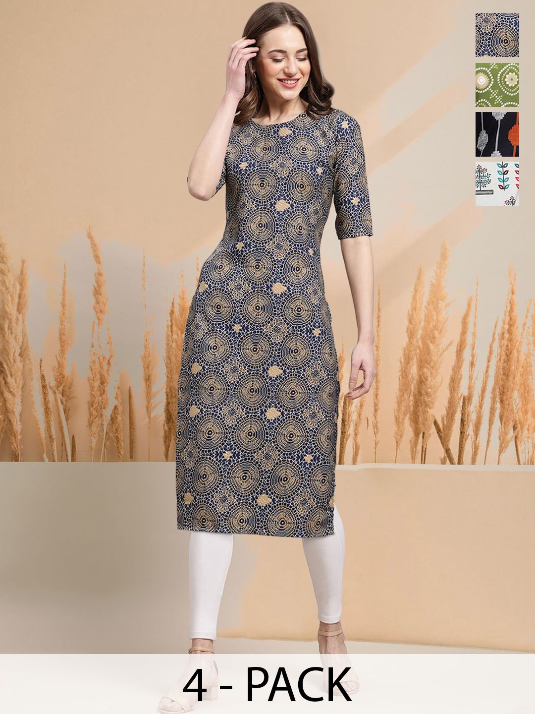 

7Threads Selection Of 4 Floral Printed Round Neck Straight Kurtas, Navy blue