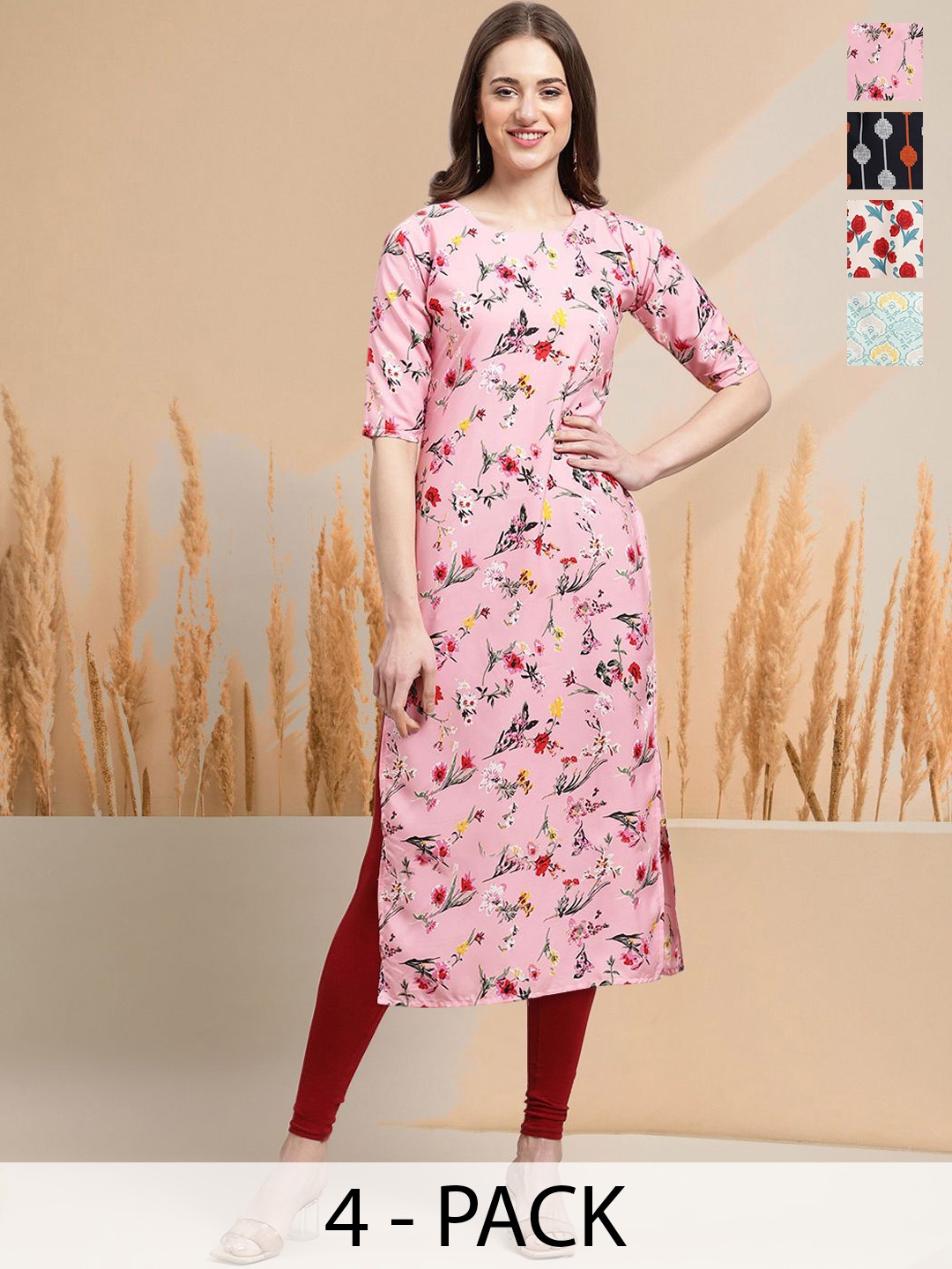 

7Threads Selection Of 4 Floral Printed Round Neck Straight Kurtas, Pink