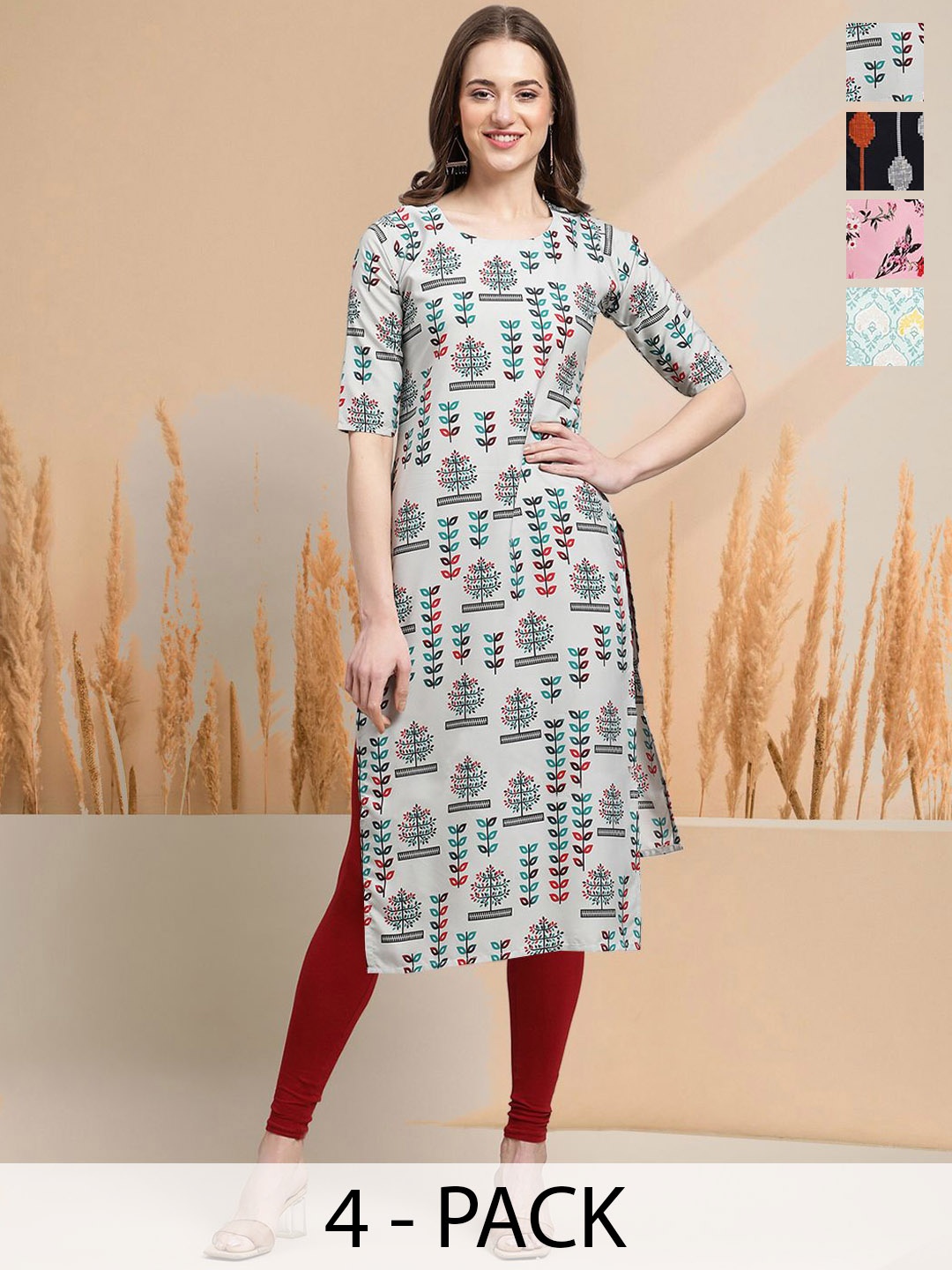 

7Threads Selection of 4 Ethnic Motifs Printed Round Neck Straight Kurtas, Grey