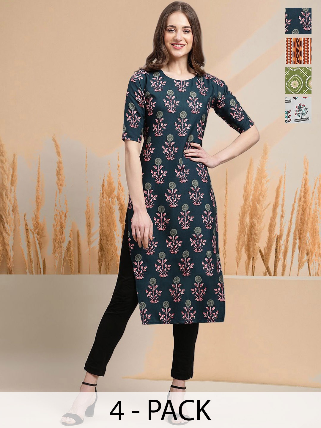 

7Threads Selection of 4 Floral Printed Round Neck Straight Kurtas, Green