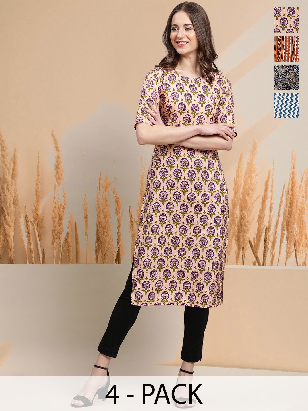

7Threads Selection Of 4 Floral Printed Round Neck Straight Kurtas, Cream