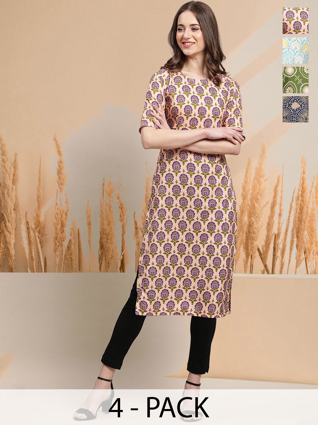 

7Threads Selection Of 4 Floral Printed Round Neck Straight Kurtas, Pink