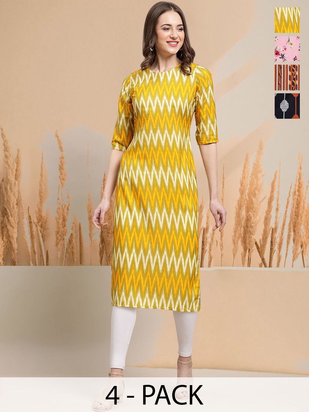 

7Threads Selection Of 4 Geometric Printed Round Neck Straight Kurtas, Yellow