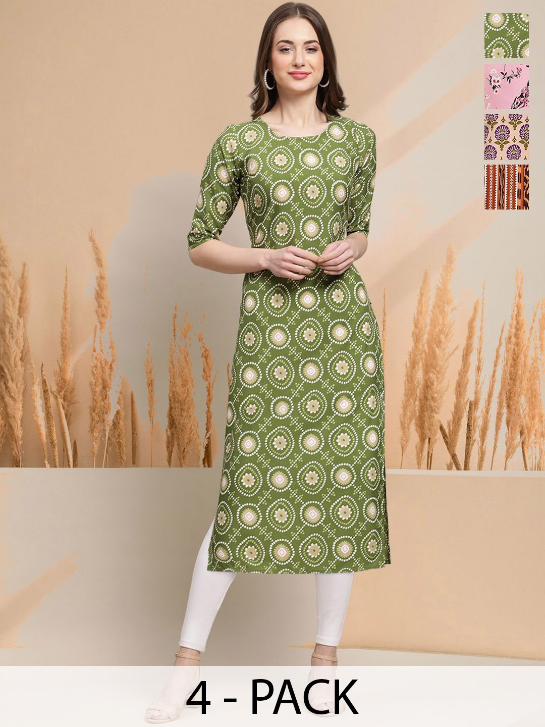 

7Threads Selection Of 4 Ethnic Motifs Printed Round Neck Straight Kurtas, Green