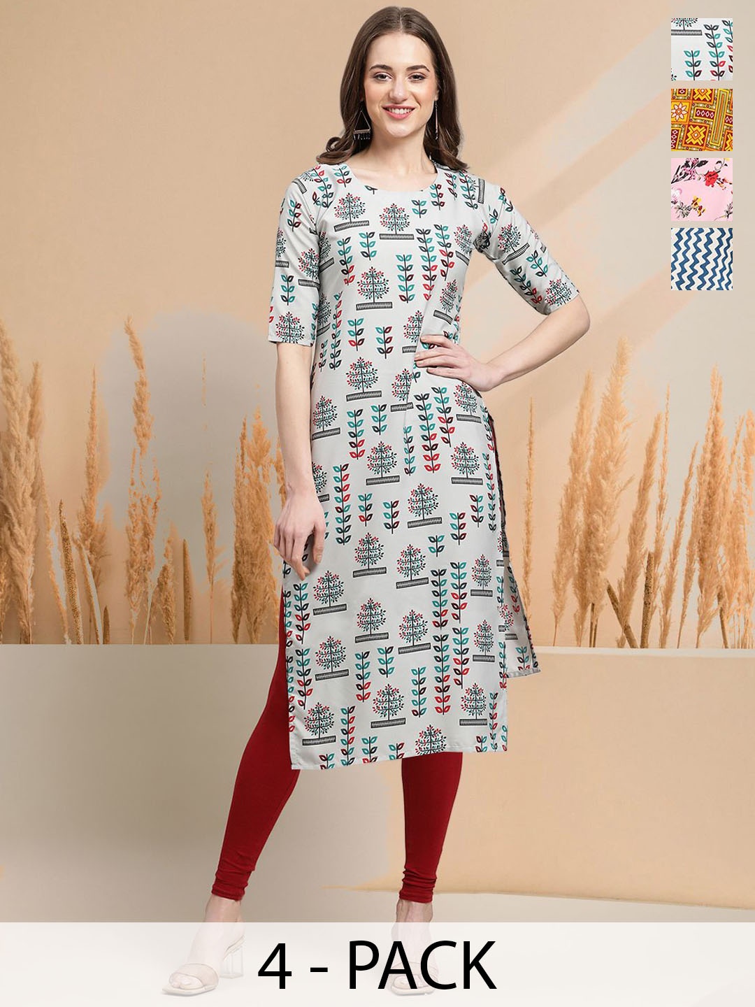 

7Threads Selection Of 4 Floral Printed Round Neck Straight Kurtas, Off white