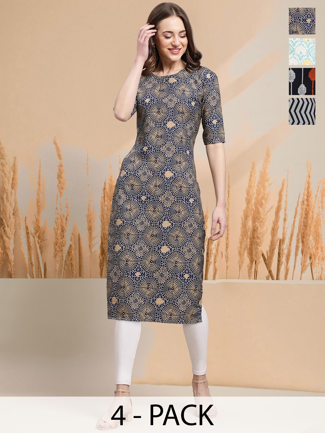 

7Threads Selection Of 4 Floral Printed Round Neck Straight Kurtas, Beige