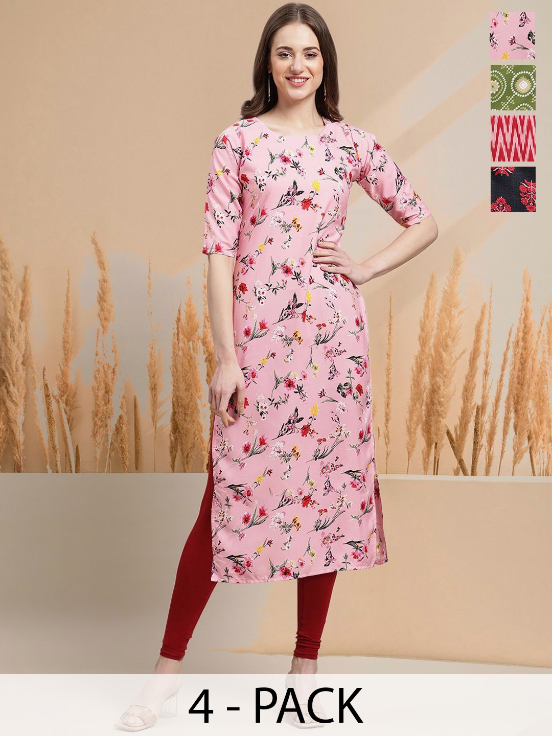 

7Threads Selection Of 4 Floral Printed Round Neck Straight Kurtas, Pink