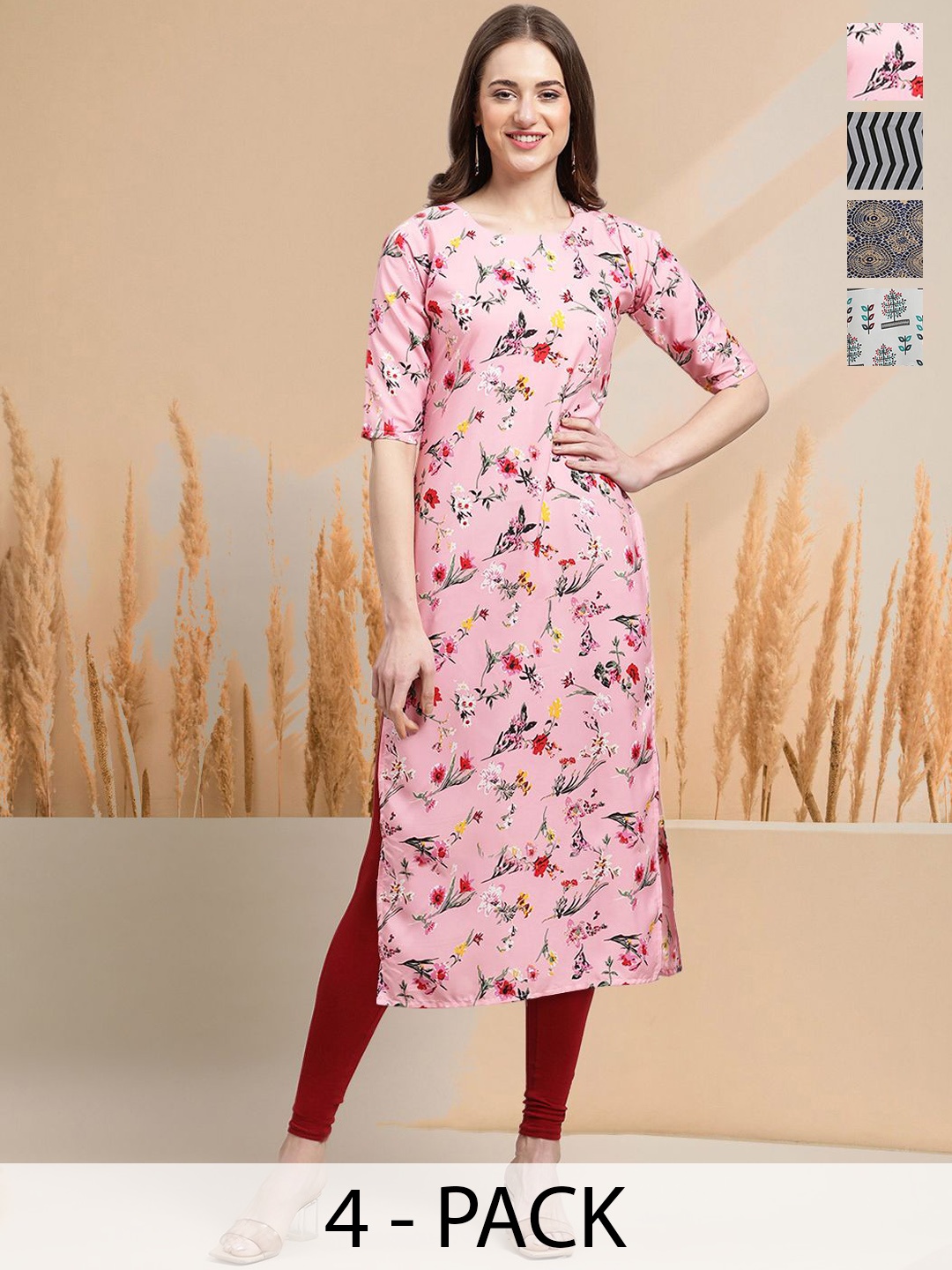 

7Threads Selection Of 4 Floral Printed Round Neck Straight Kurtas, Pink