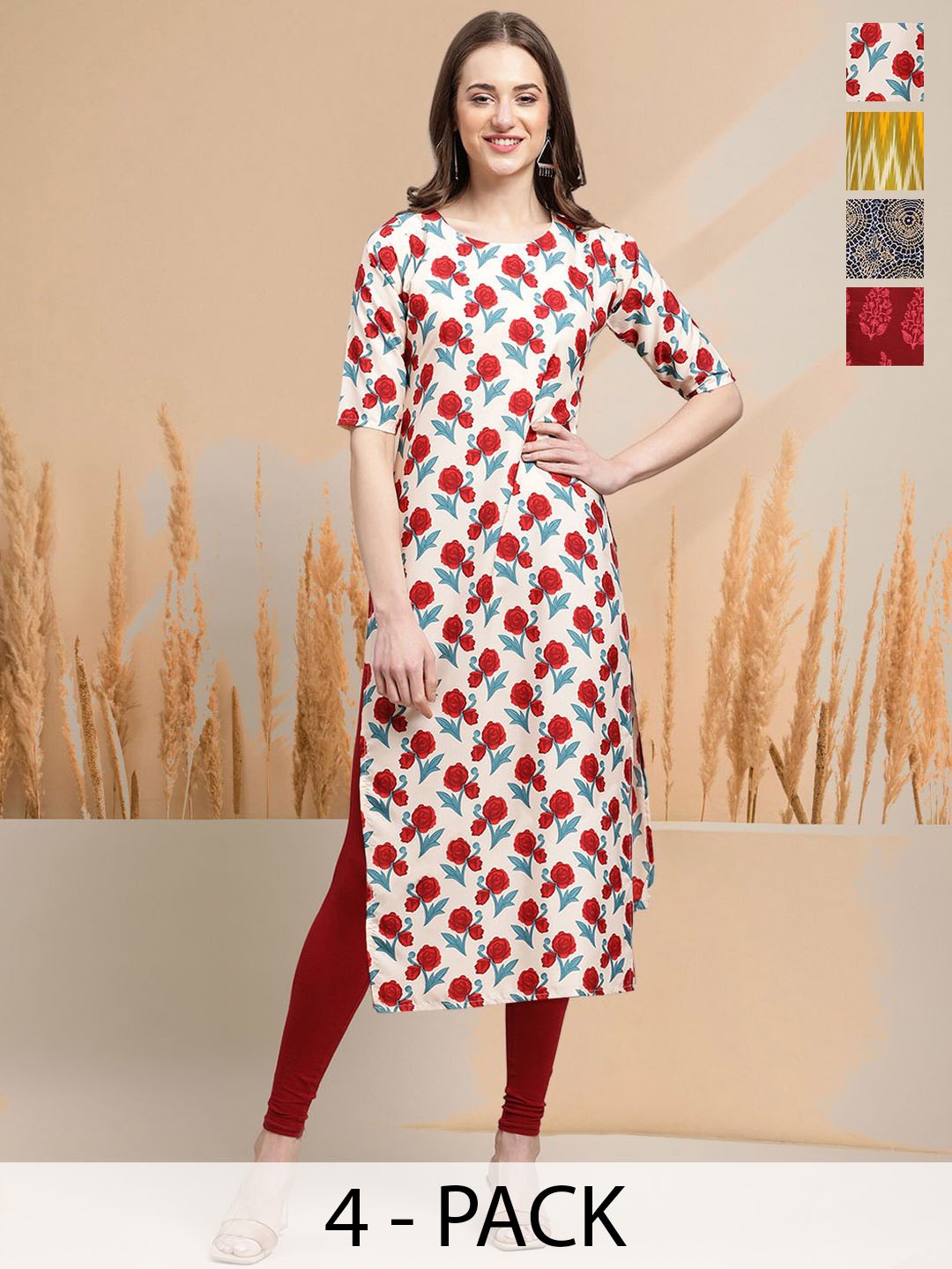 

7Threads Selection Of 4 Floral Printed Round Neck Straight Kurtas, Off white