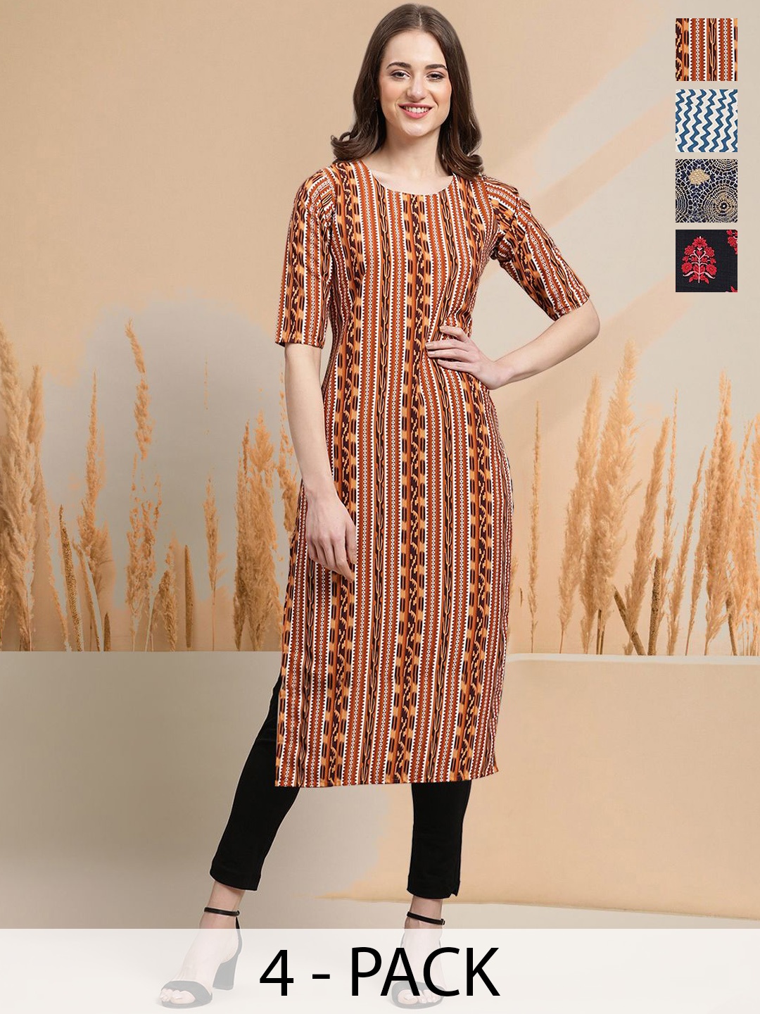 

7Threads Selection Of 4 Ethnic Motifs Printed Round Neck Straight Kurtas, Orange