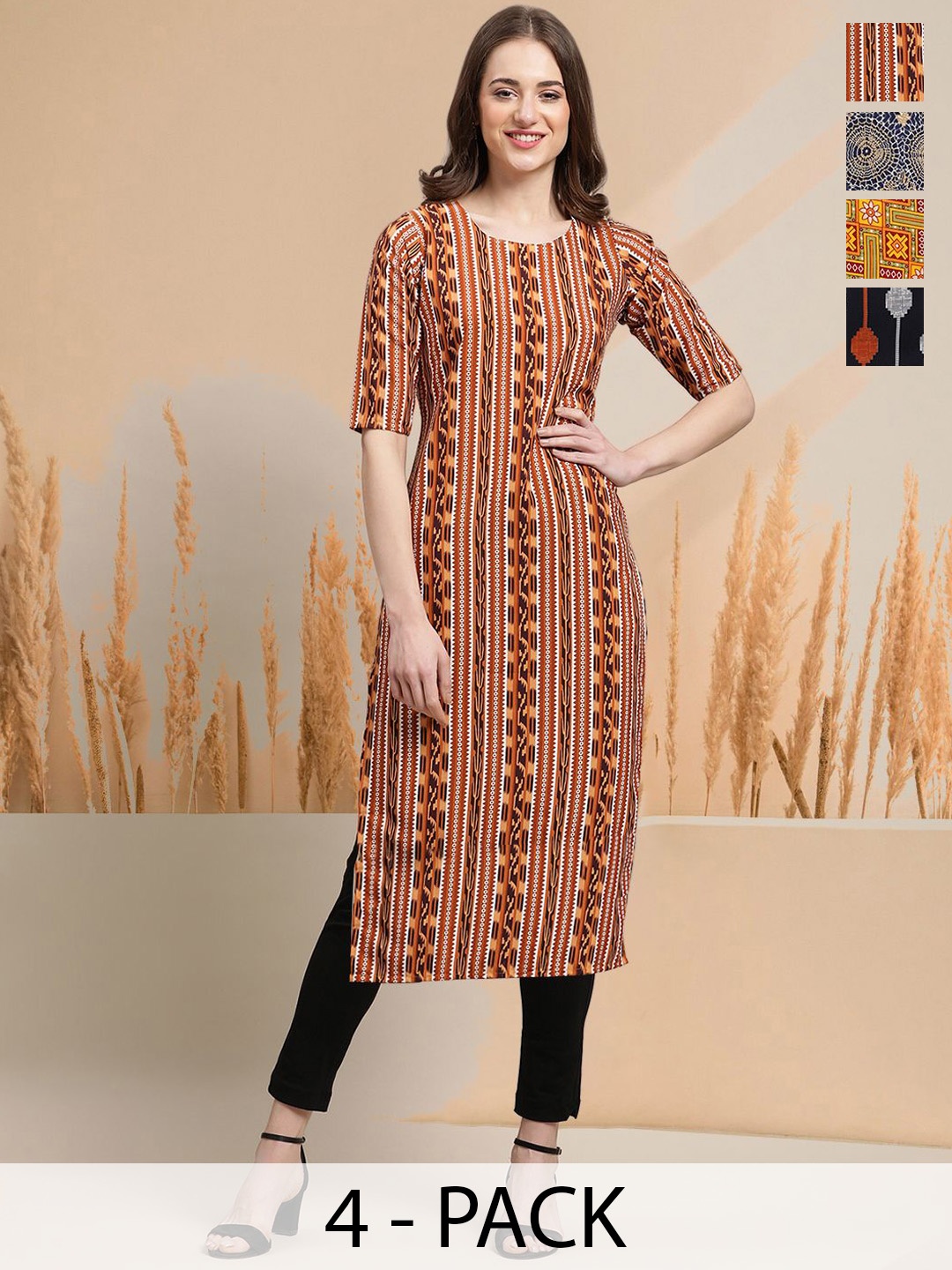 

7Threads Selection Of 4 Geometric Printed Round Neck Straight Kurtas, Brown