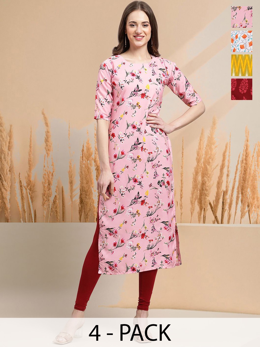 

7Threads Selection of 4 Floral Printed Round Neck Straight Kurtas, Pink